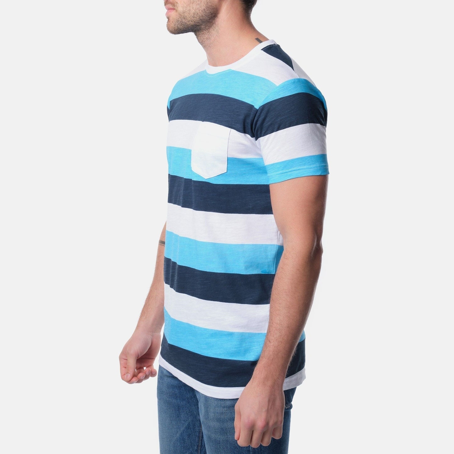 T-shirt uomo a righe turchese e blu con taschino