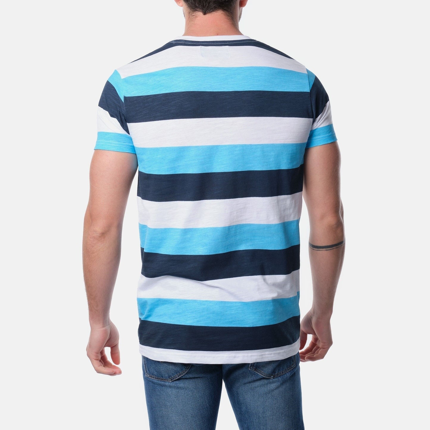 T-shirt uomo a righe turchese e blu con taschino