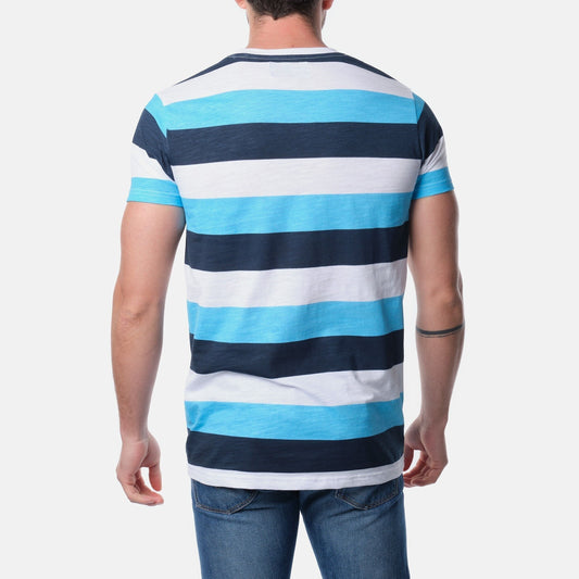 T-shirt uomo a righe turchese e blu con taschino