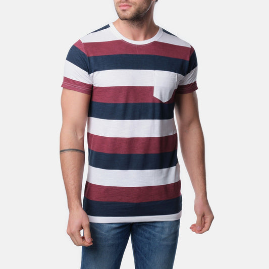 T-shirt uomo a righe bordeaux e navy con taschino