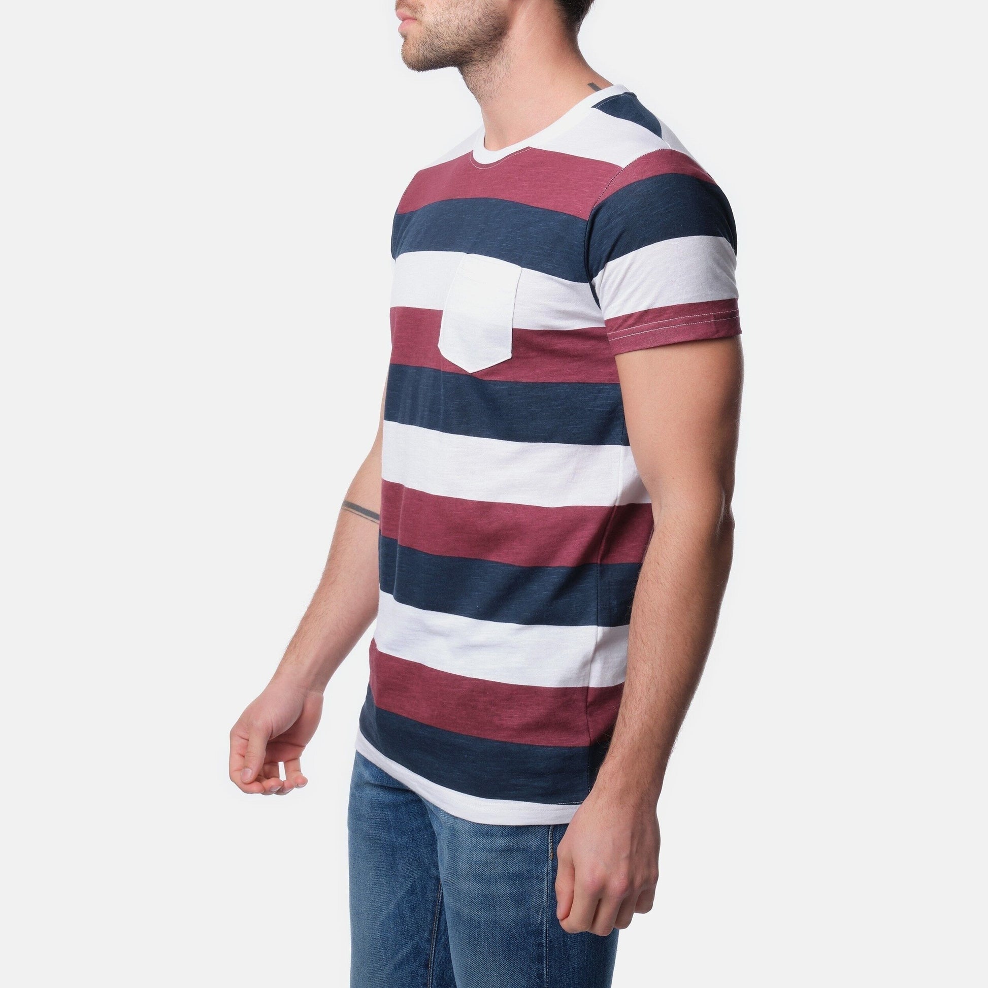 T-shirt uomo a righe bordeaux e navy con taschino