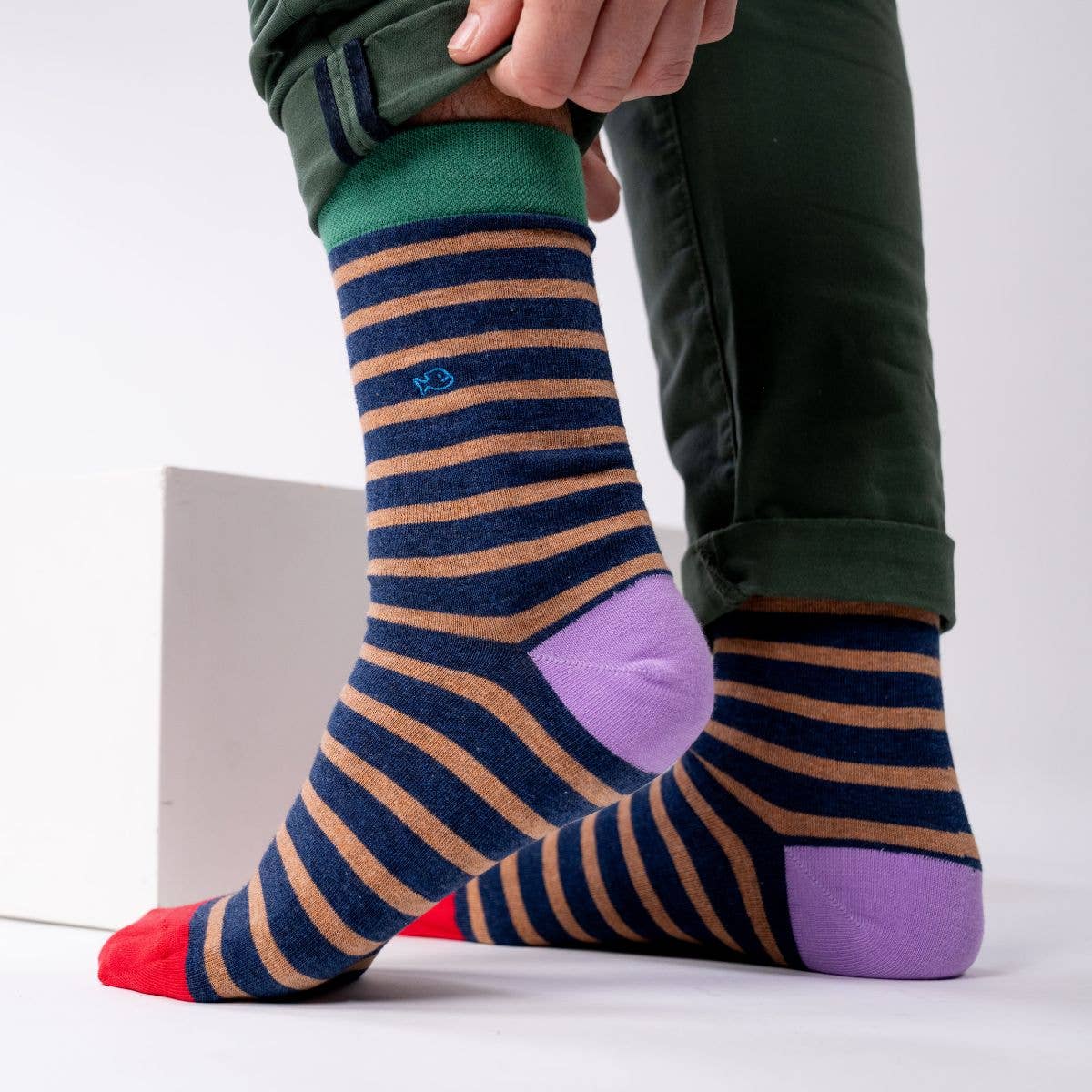 Calzini a righe larghe in cotone pettinato navy e beige