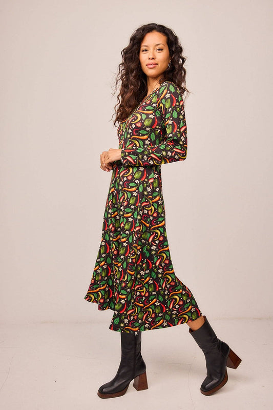 Abito lungo aderente con stampa multicolor