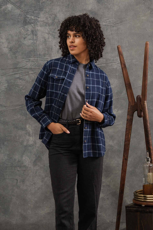 Camicia Bird a quadri blu in cotone biologico