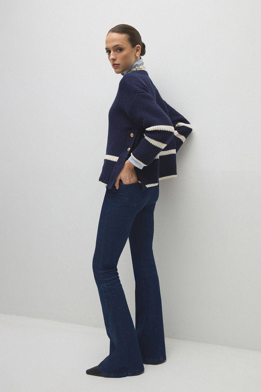 Maglione navy a righe con bottoni dorati