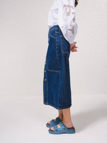 Gonna midi in denim con bottoni frontali