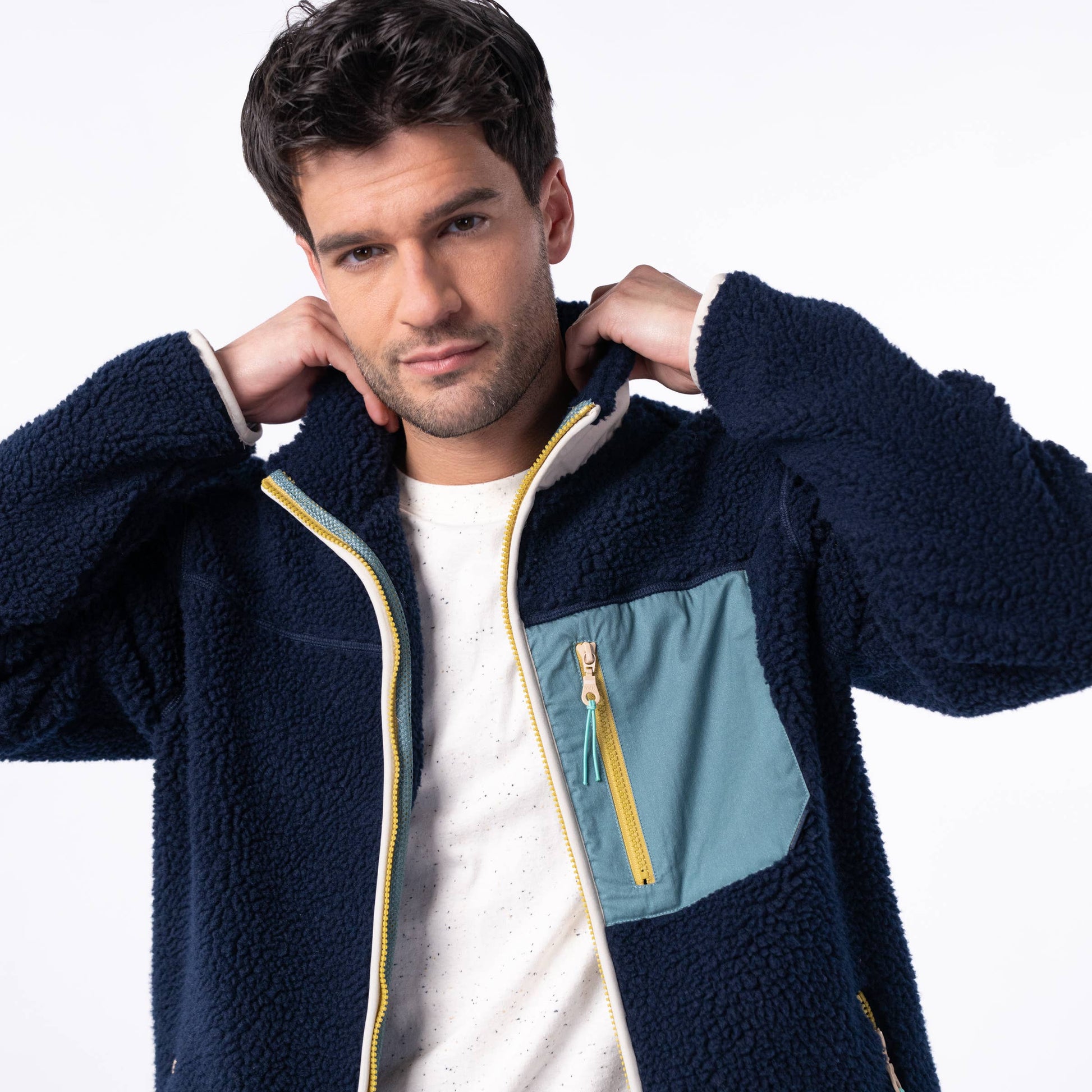 Giacca sherpa unisex con zip bicolore blu navy e verde