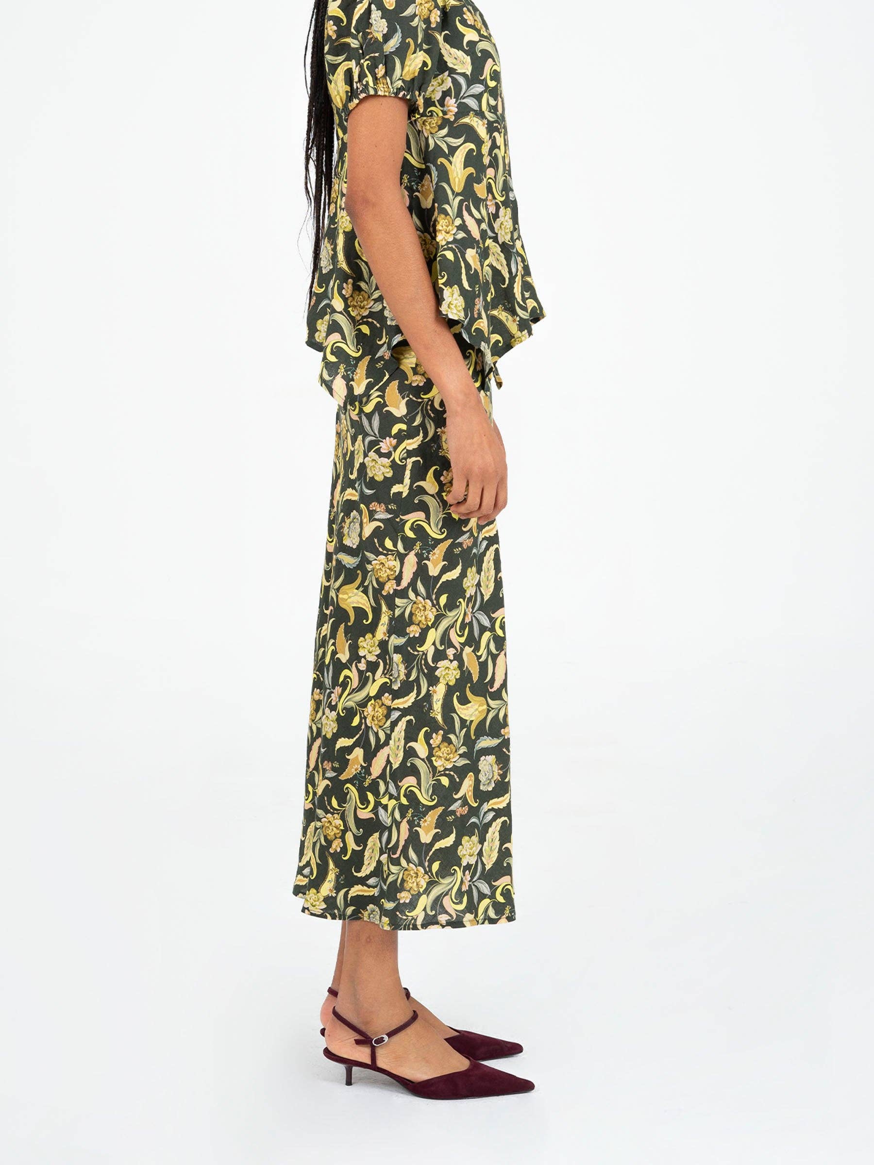 Gonna lunga floreale verde Enigma in lino