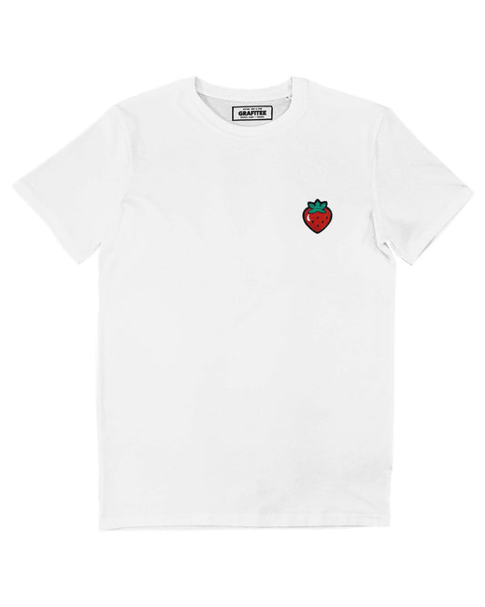 T-shirt bianca con fragola ricamata in cotone biologico