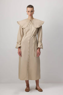 Abito camicia oversize con maxi colletto a volant in misto cotone