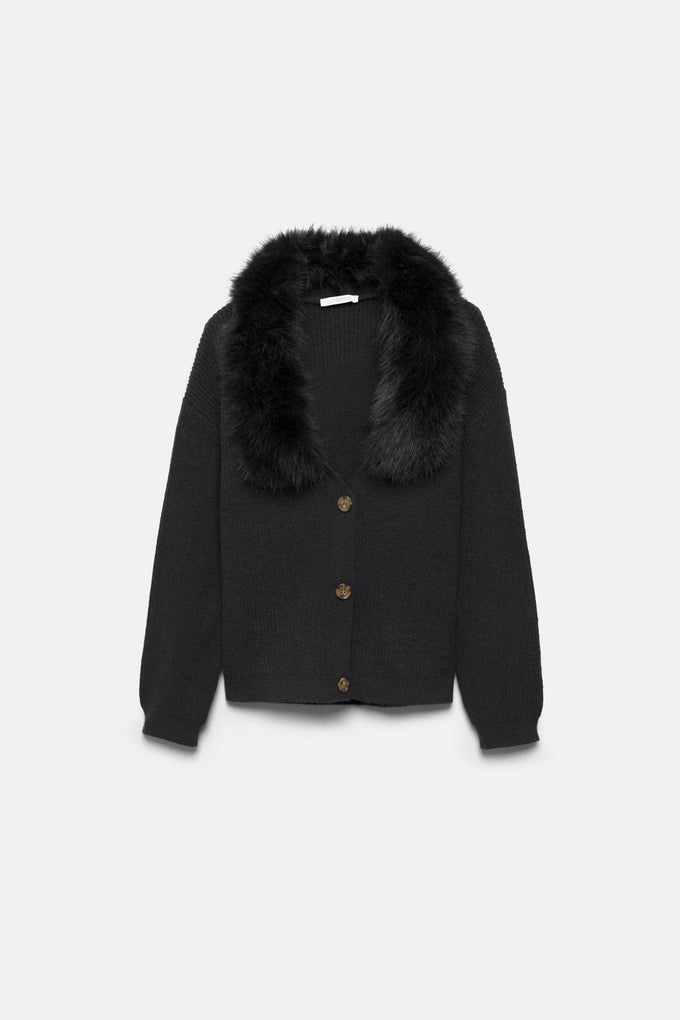 Cappotto in maglia con colletto in ecopelliccia