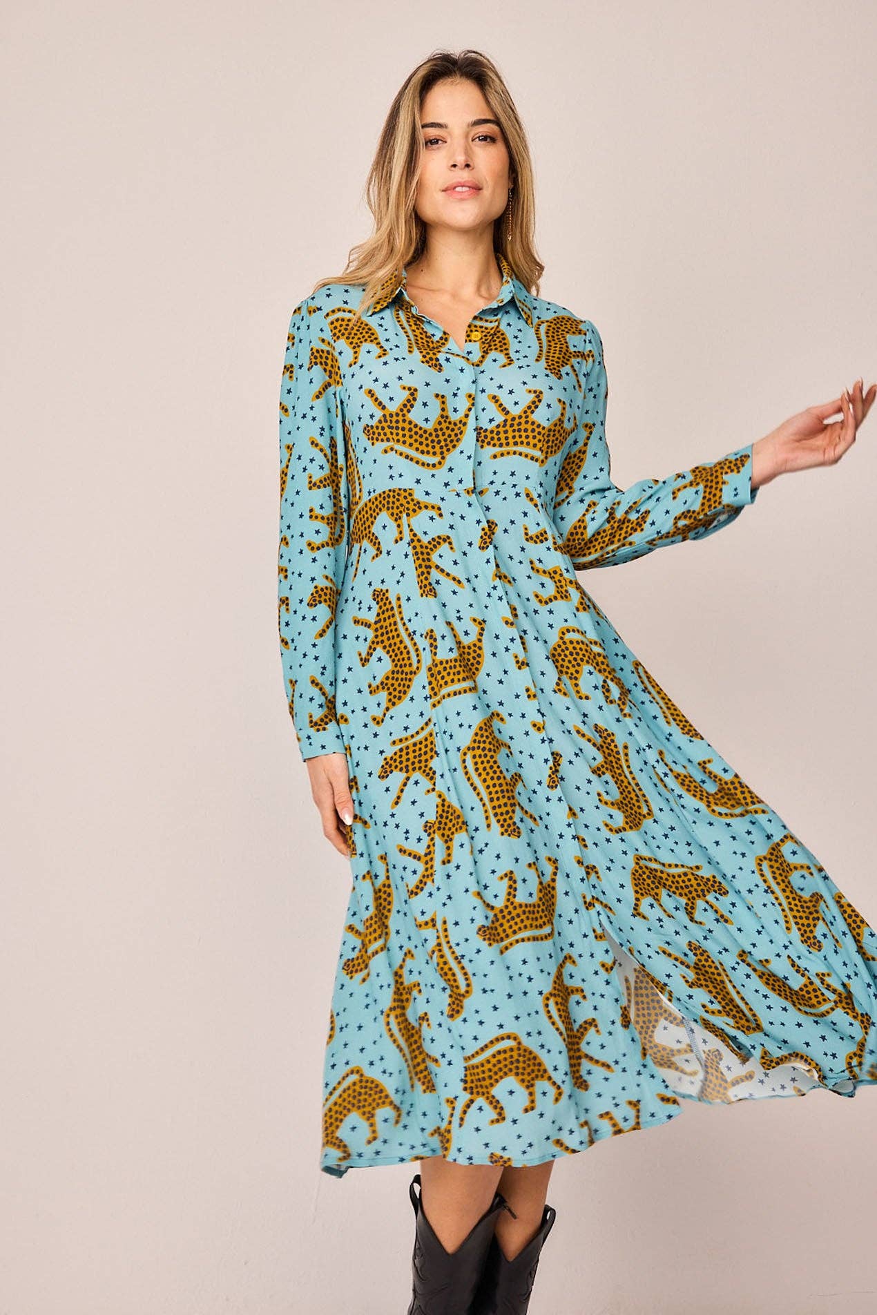 Abito chemisier lungo con stampa animalier