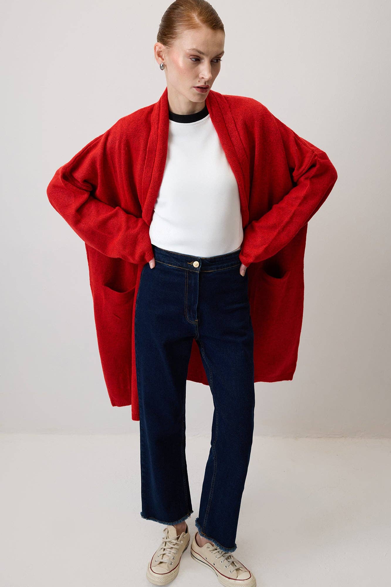 Cardigan oversize in maglia con tasche rosso