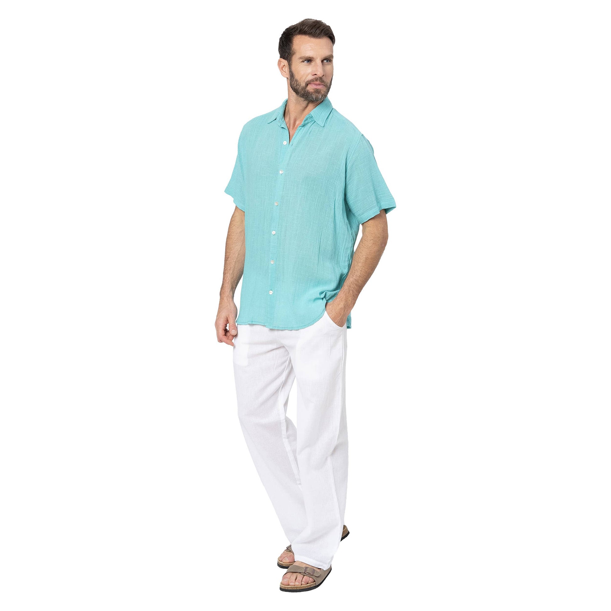 Camicia estiva uomo in cotone turchese a manica corta