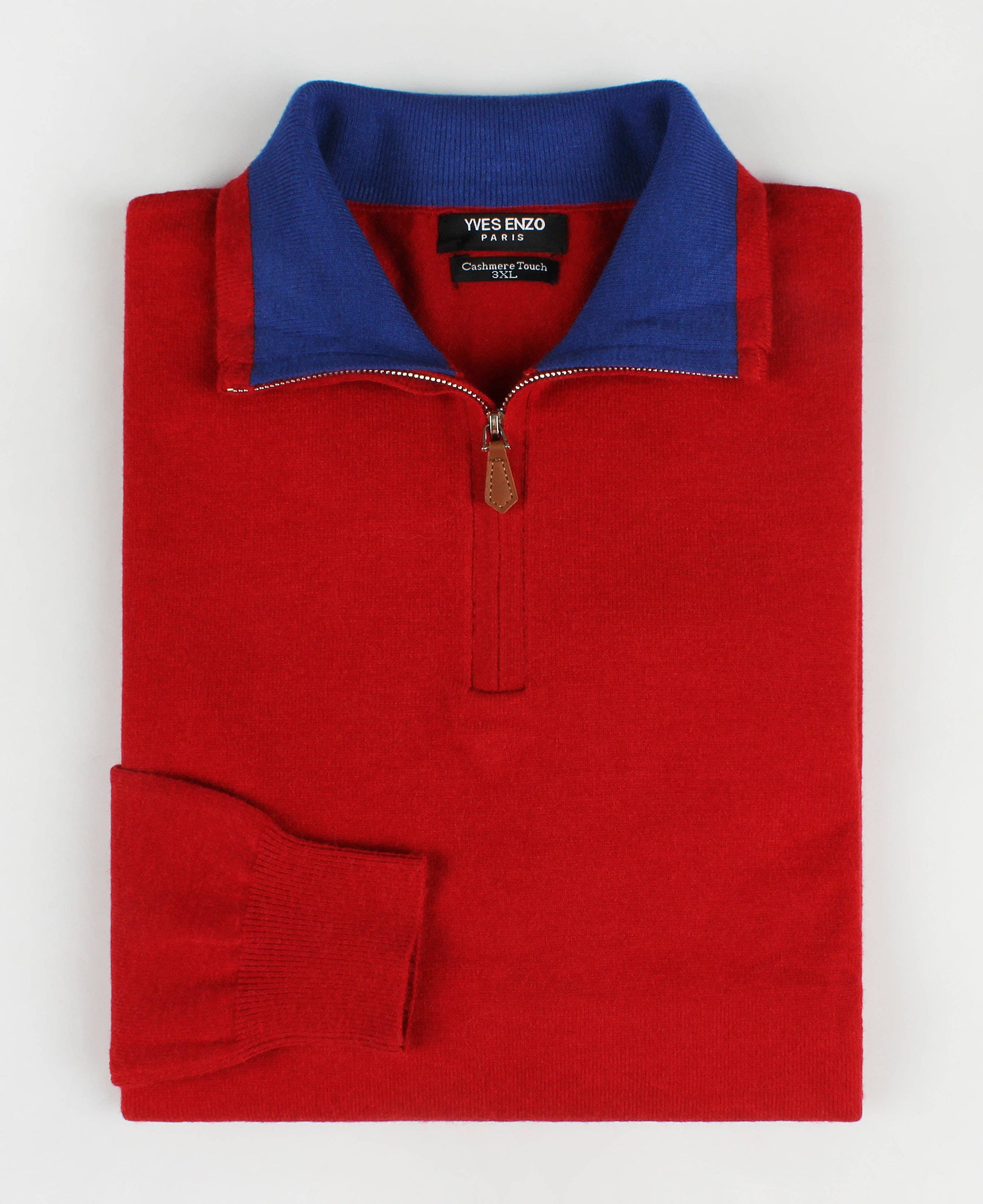 Maglione rosso con zip e colletto a contrasto effetto cashmere