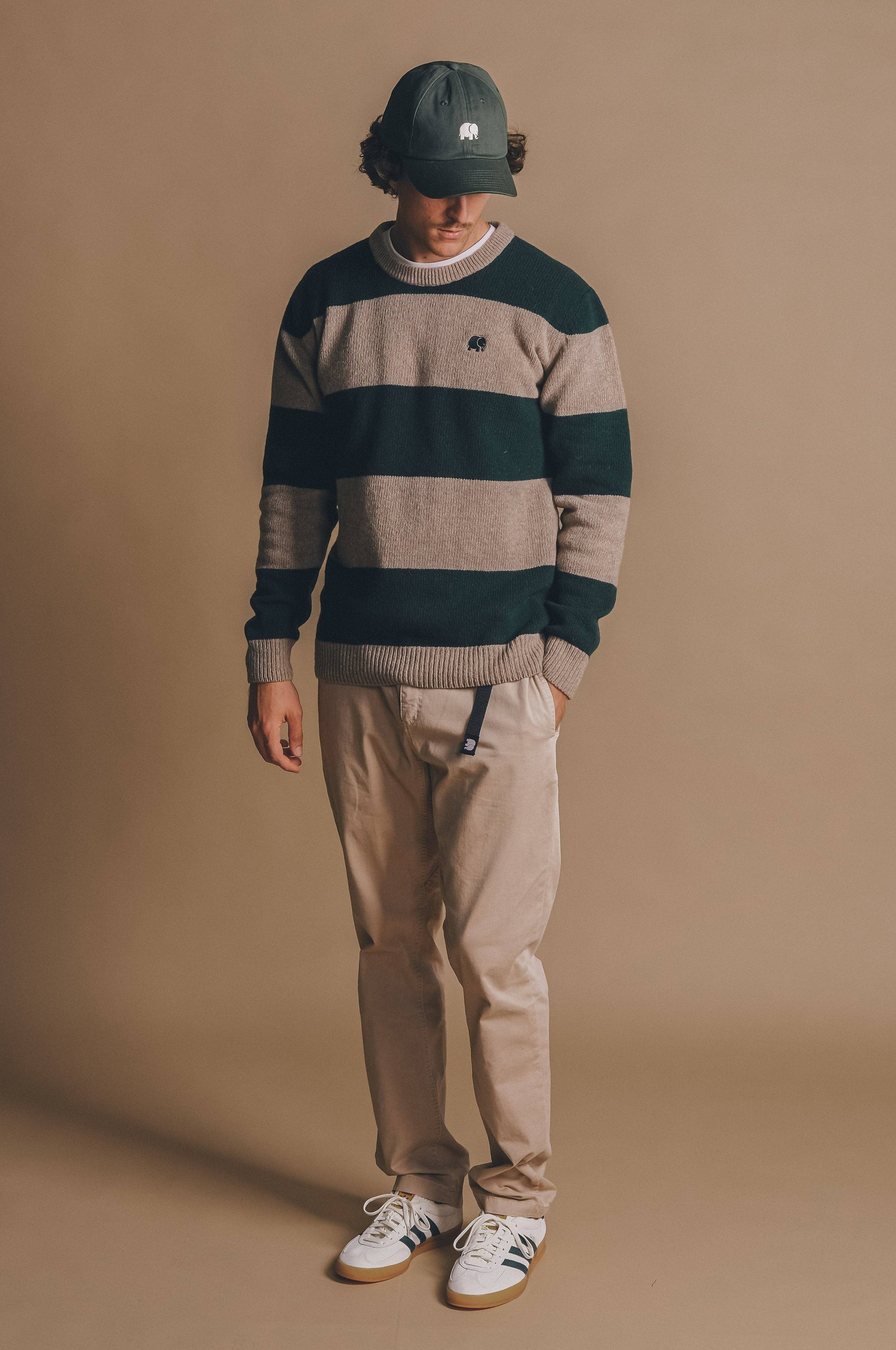 Maglione Sella a righe in lana merino verde pino e marrone
