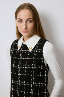 Abito gilet in tweed a quadri con colletto a camicia