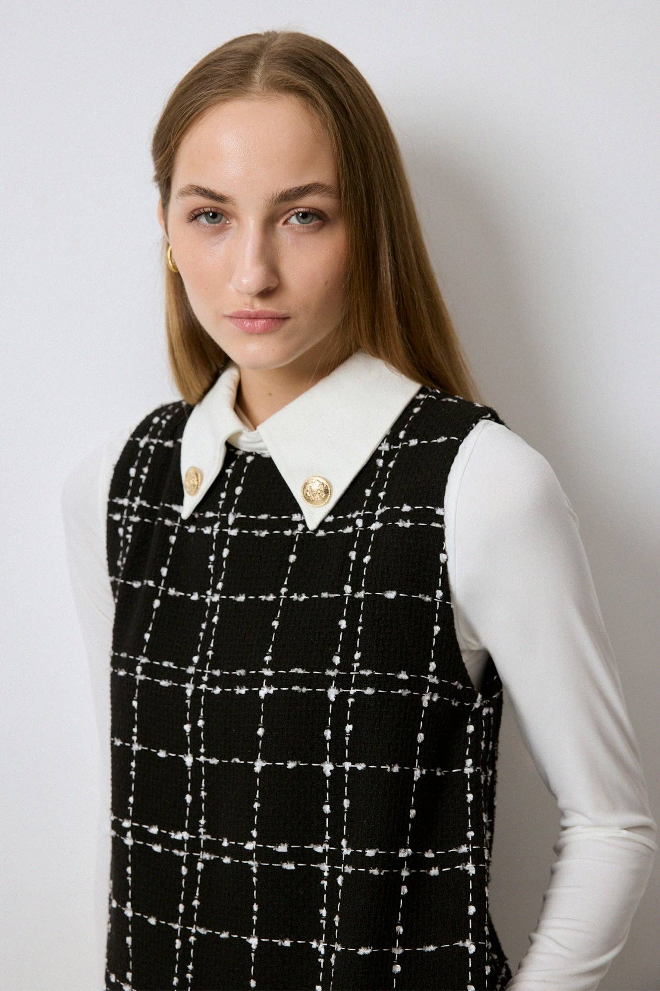 Abito gilet lungo in tweed con colletto a camicia