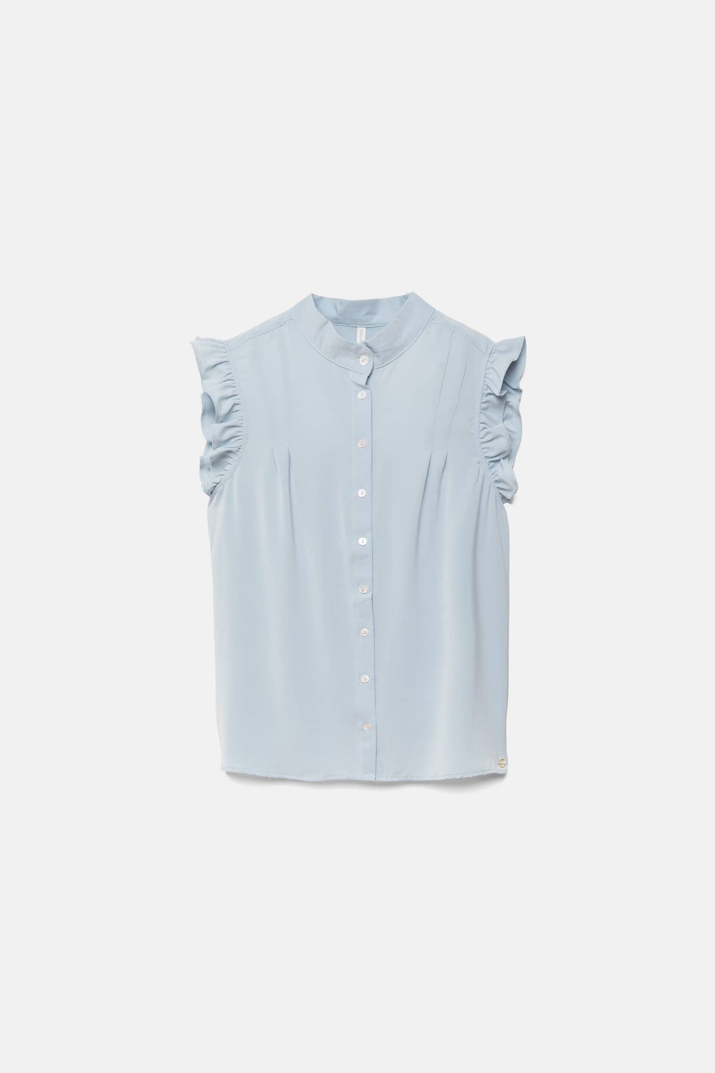Top smanicato con collo alla coreana e volant