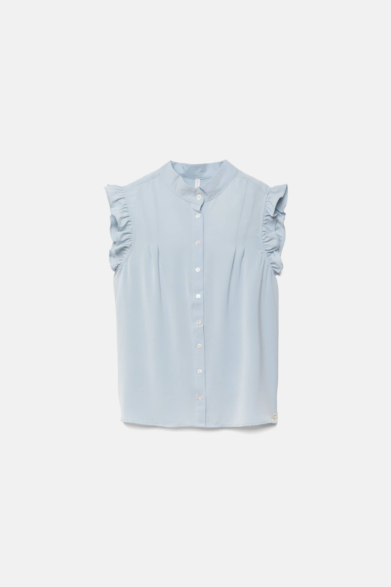Top smanicato con collo alla coreana e volant
