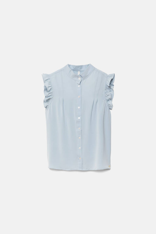 Top smanicato con collo alla coreana e volant