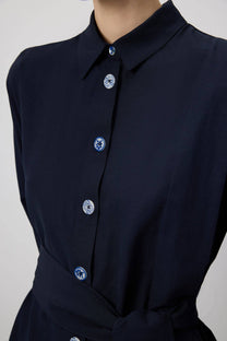 Abito camicia midi in popeline blu navy con cintura