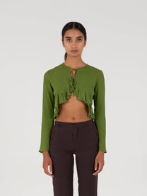 Blusa corta verde con fiocchi e volant