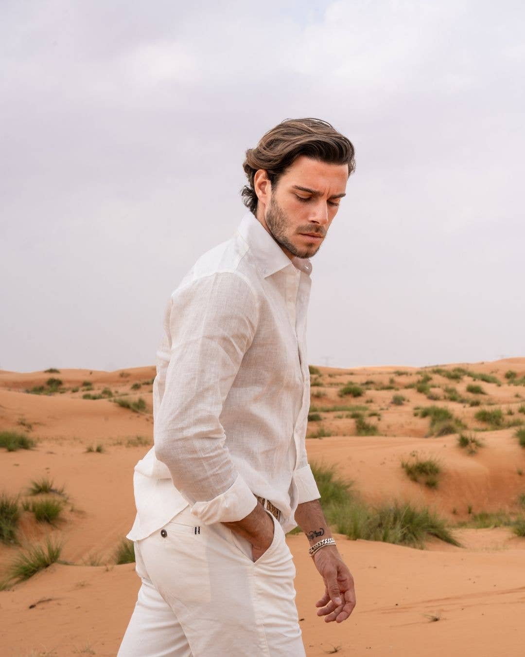 Camicia in lino riciclato avorio da uomo