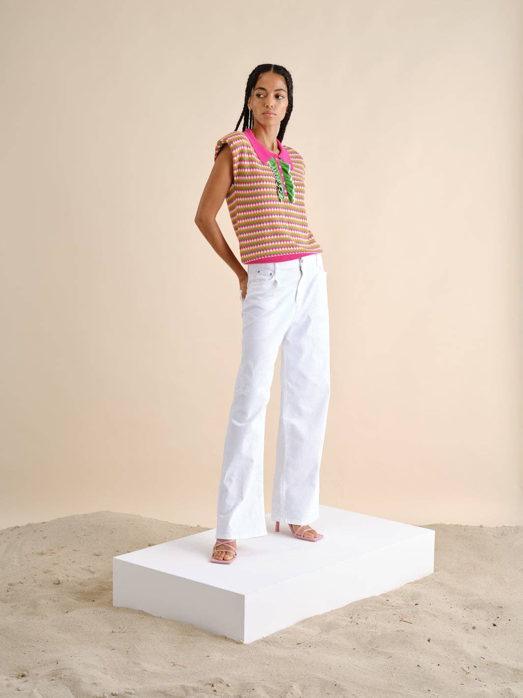 Top polo in maglia multicolor senza maniche