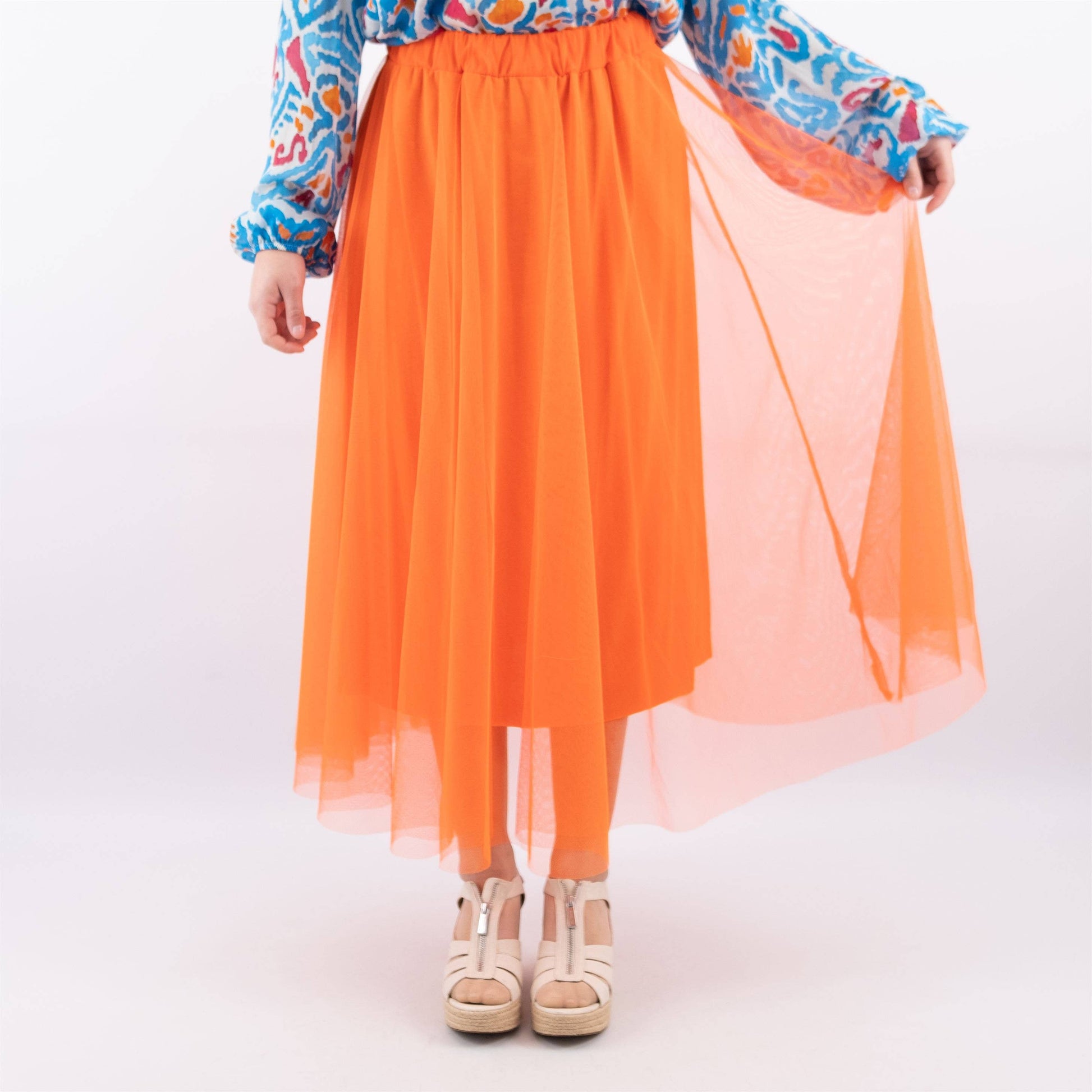 Gonna midi in tulle con fodera e vita elasticizzata