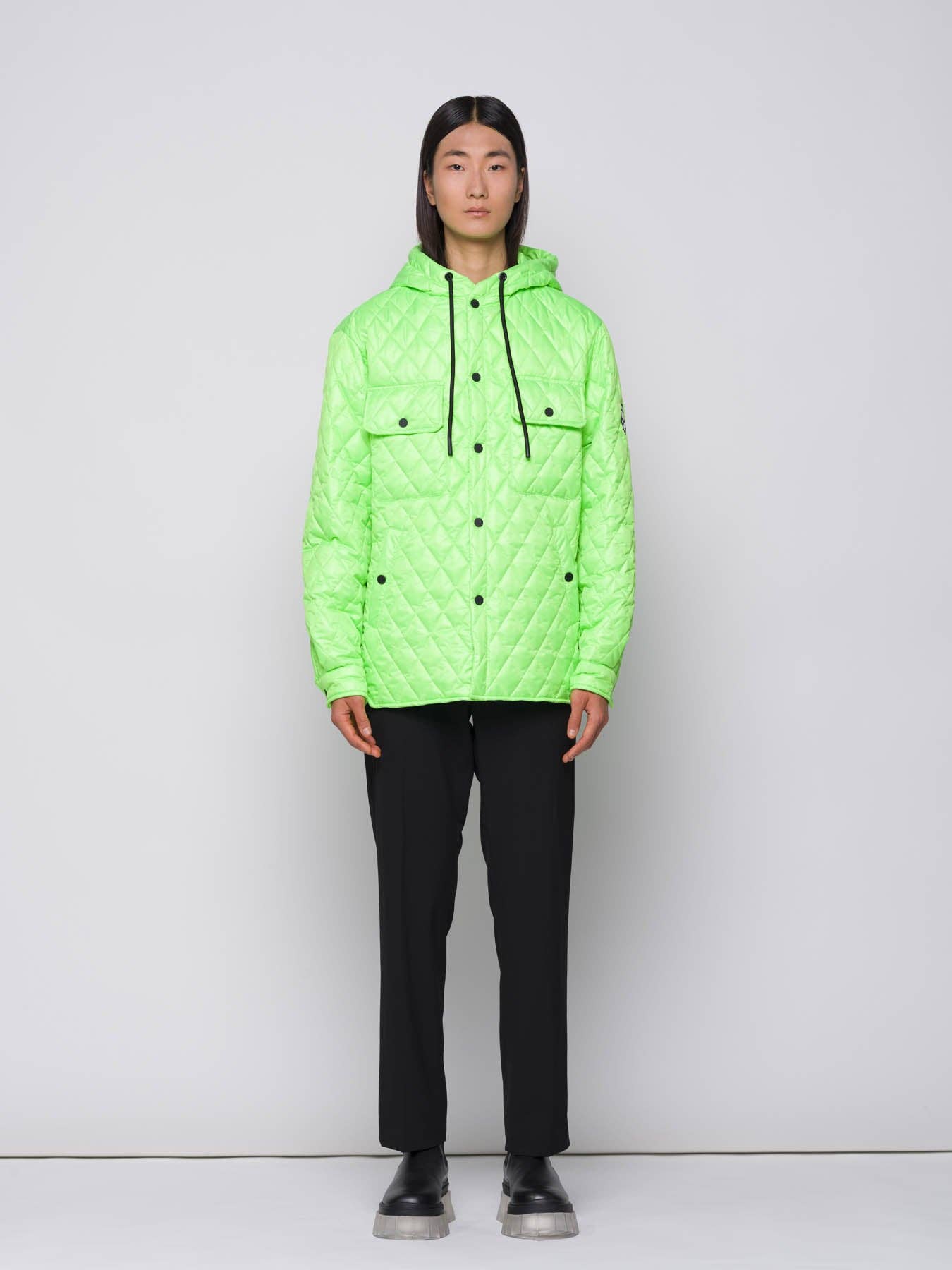 Giacca trapuntata a rombi verde fluo con cappuccio