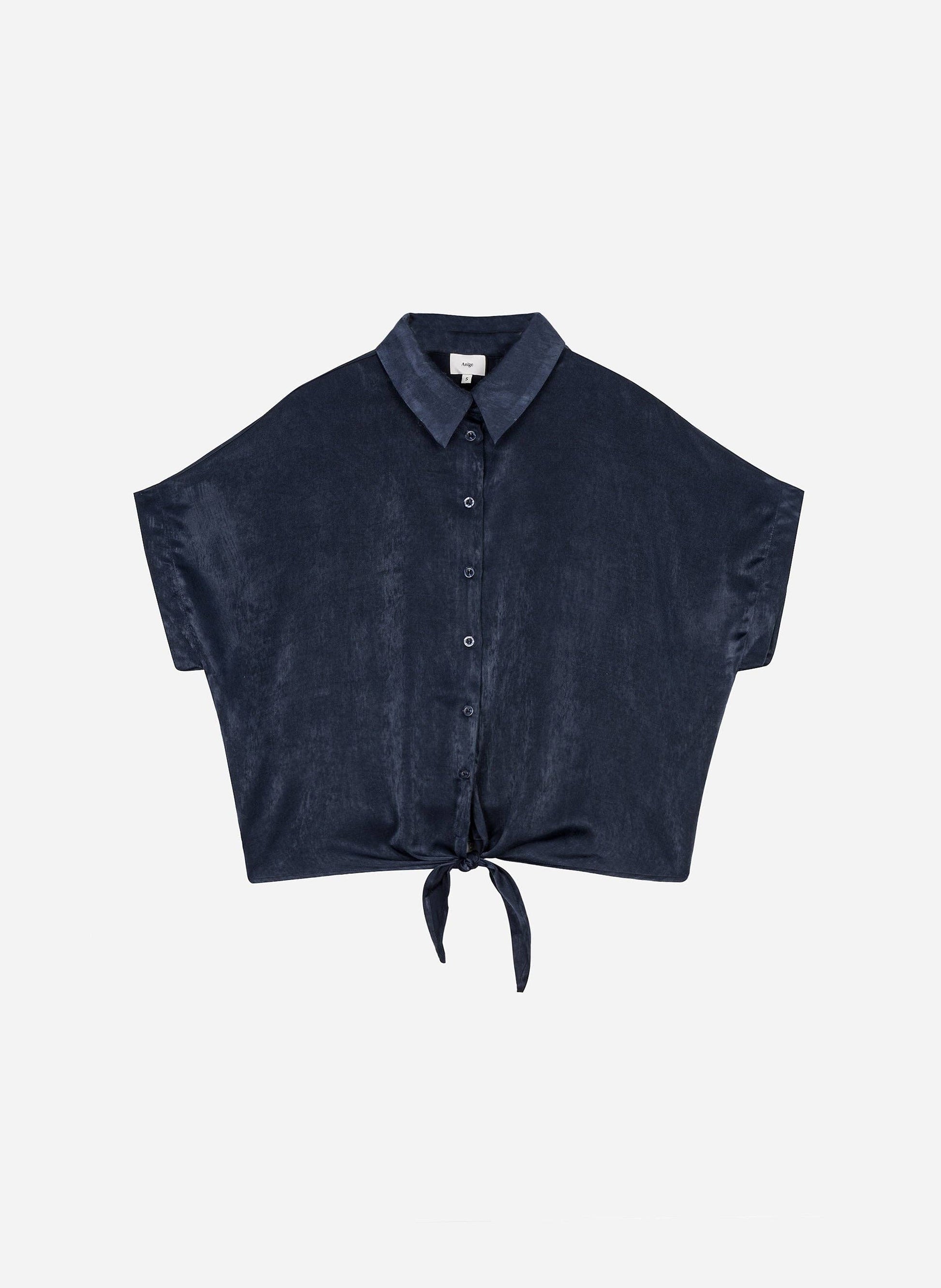 Camicia Kaory blu navy effetto seta con nodo in vita