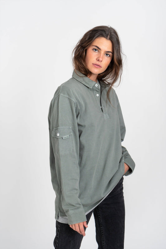 Polo a manica lunga Revival color kaki in cotone biologico