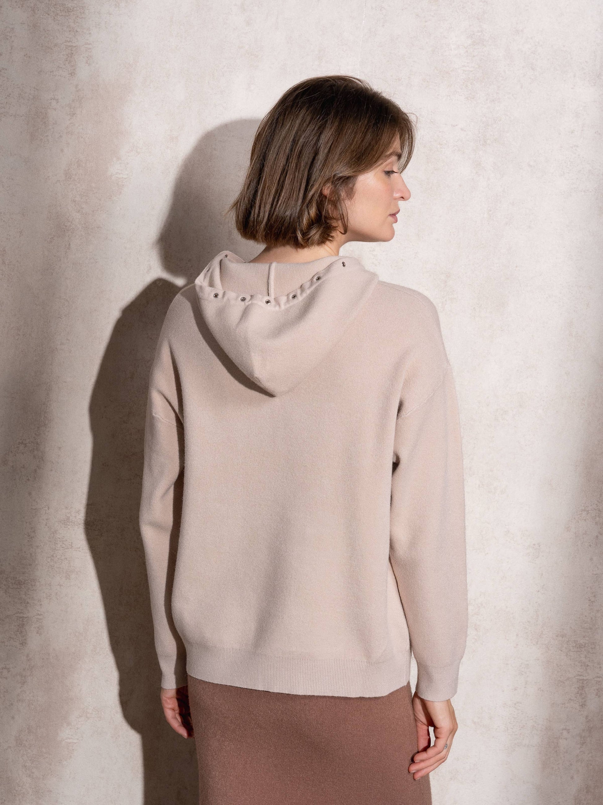 Felpa con cappuccio in maglia traforata da donna