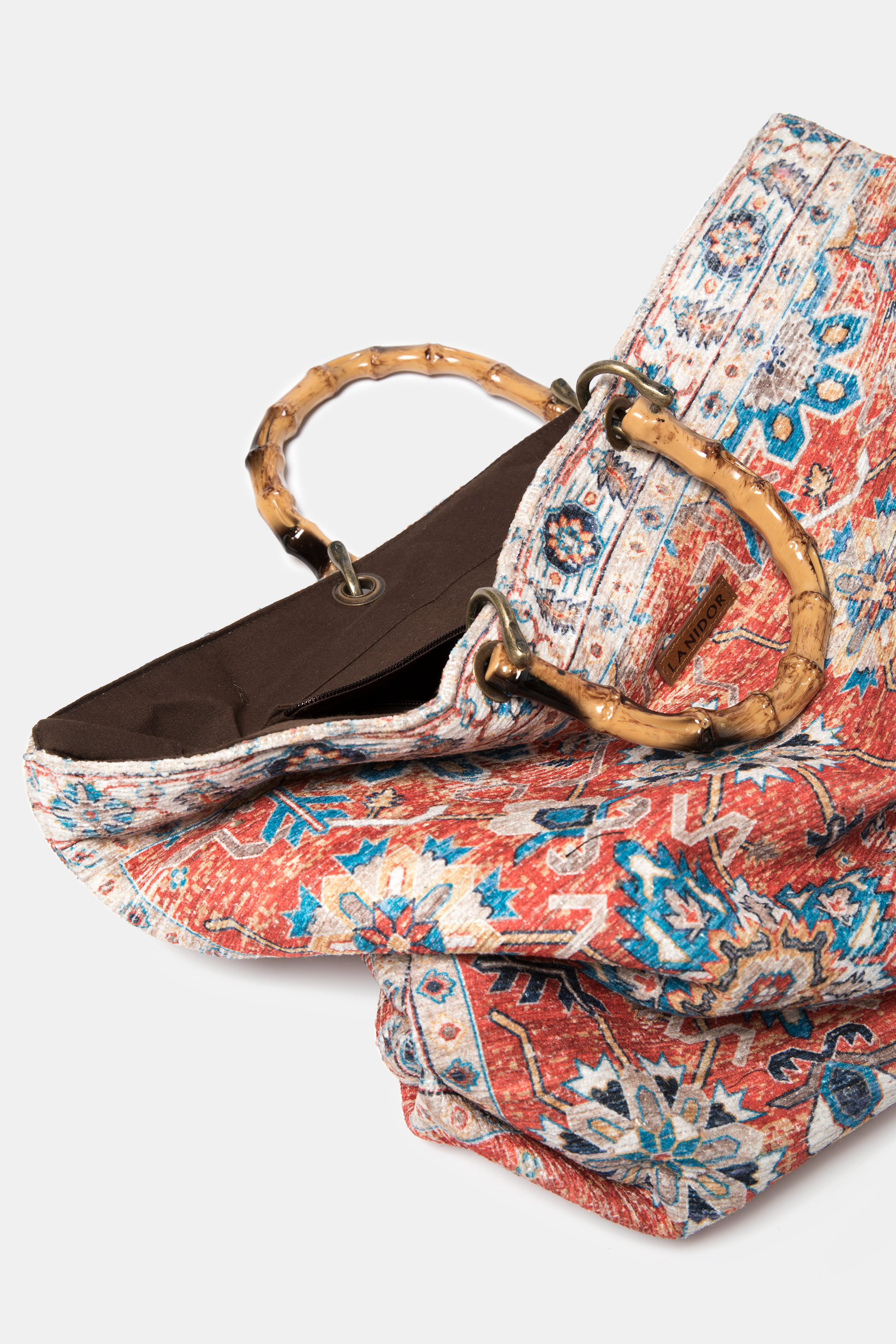 Borsa tote effetto velluto con manici effetto bambù