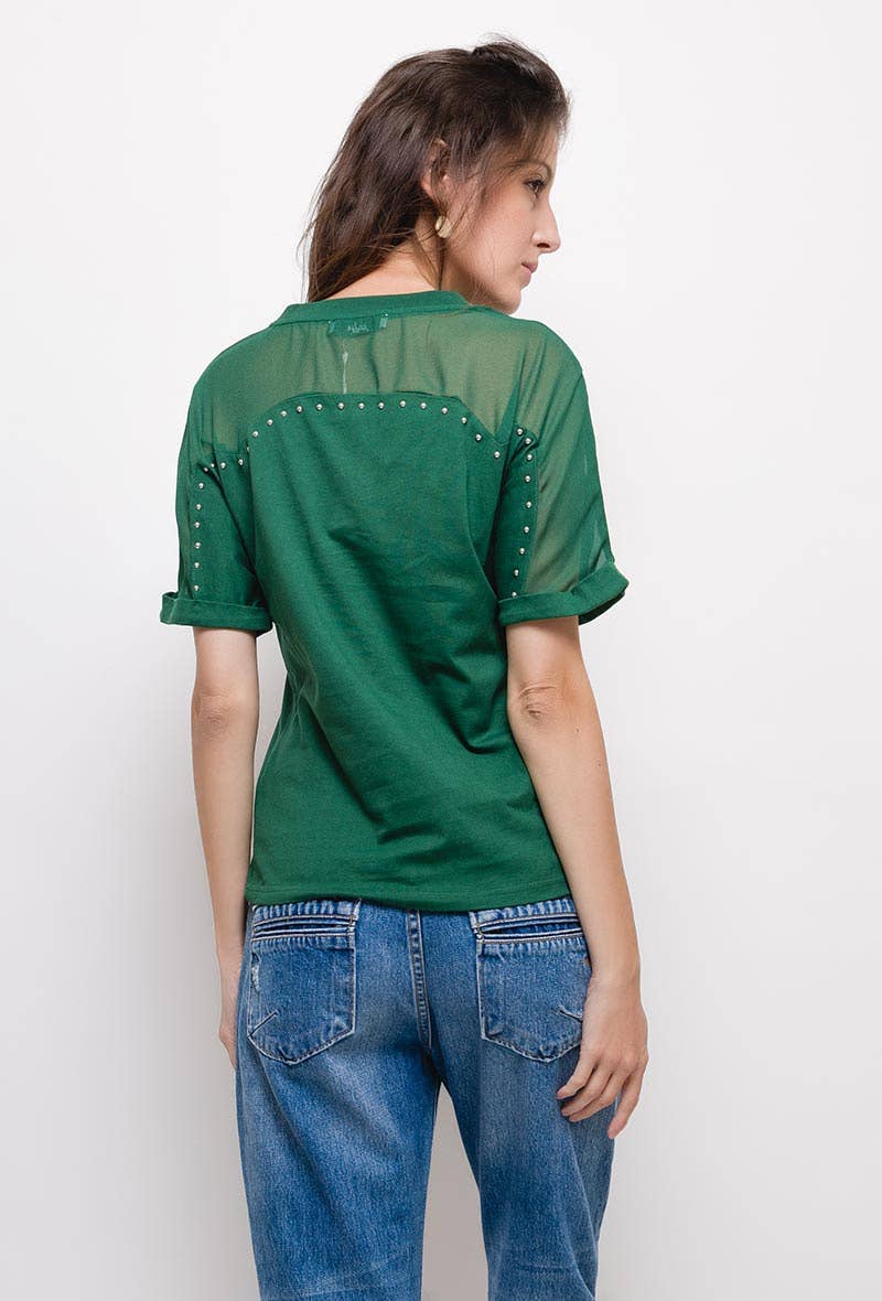 T-shirt Tea in cotone con scollo a V e borchie