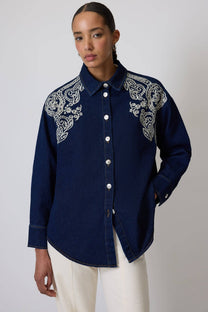 Camicia in denim blu scuro ricamata stile western