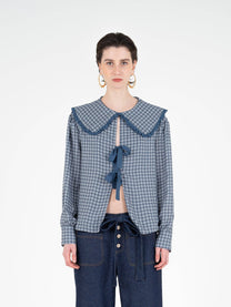 Blusa tartan romantica con maxi colletto e fiocchi