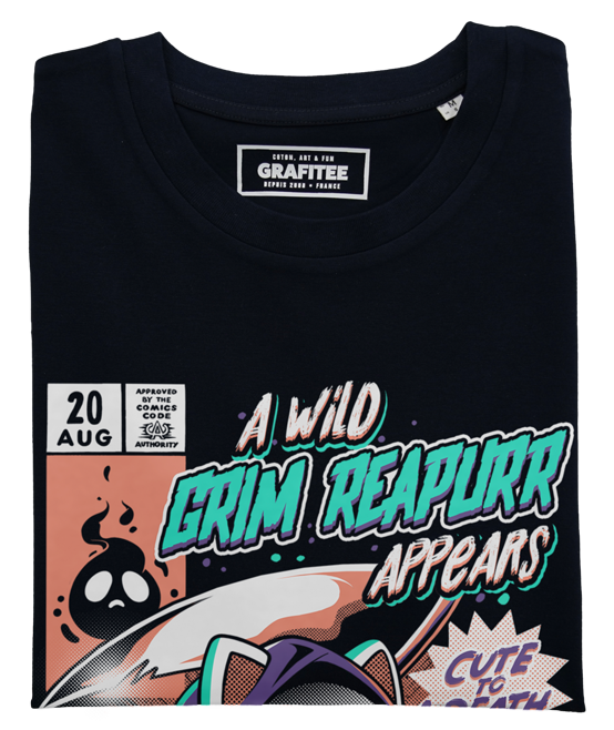 T-shirt unisex nera con stampa gatto Grim Reapurrr