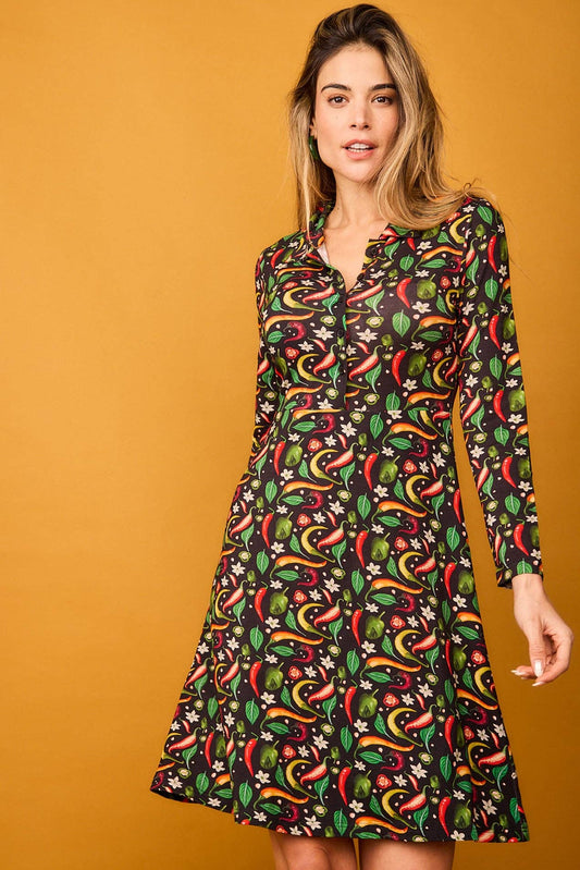 Abito corto stretch con stampa peperoncini
