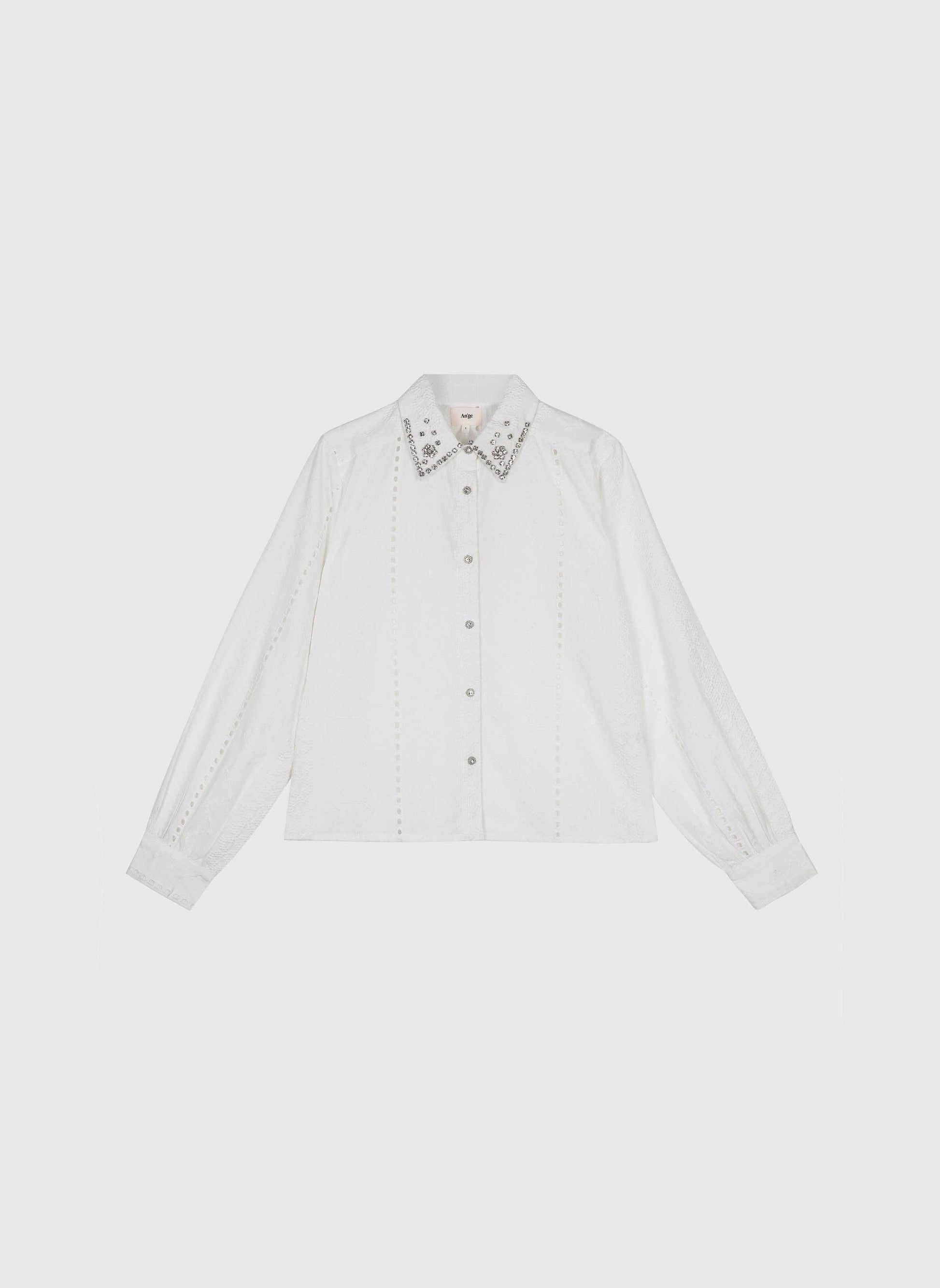 Camicia bianca in cotone con colletto gioiello