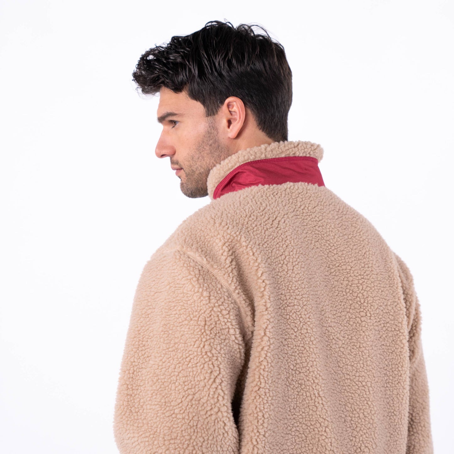 Giacca sherpa unisex con zip beige e bordeaux