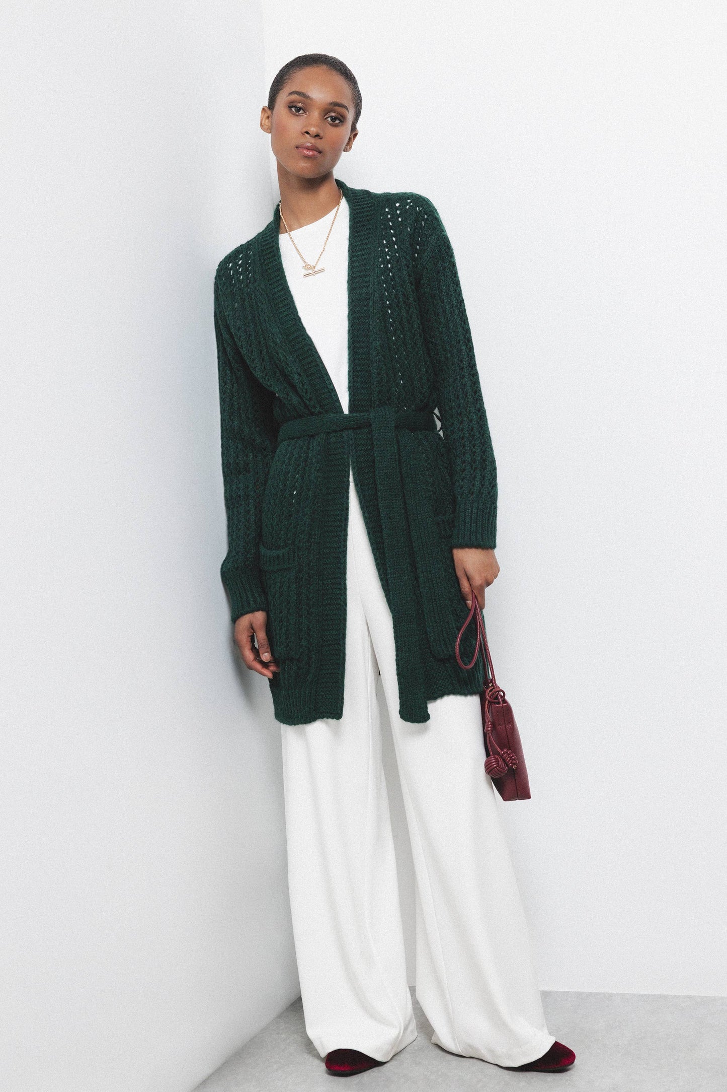 Cardigan in Maglia Strutturata con Cintura