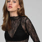 Top in pizzo trasparente nero a maniche lunghe con collo alto