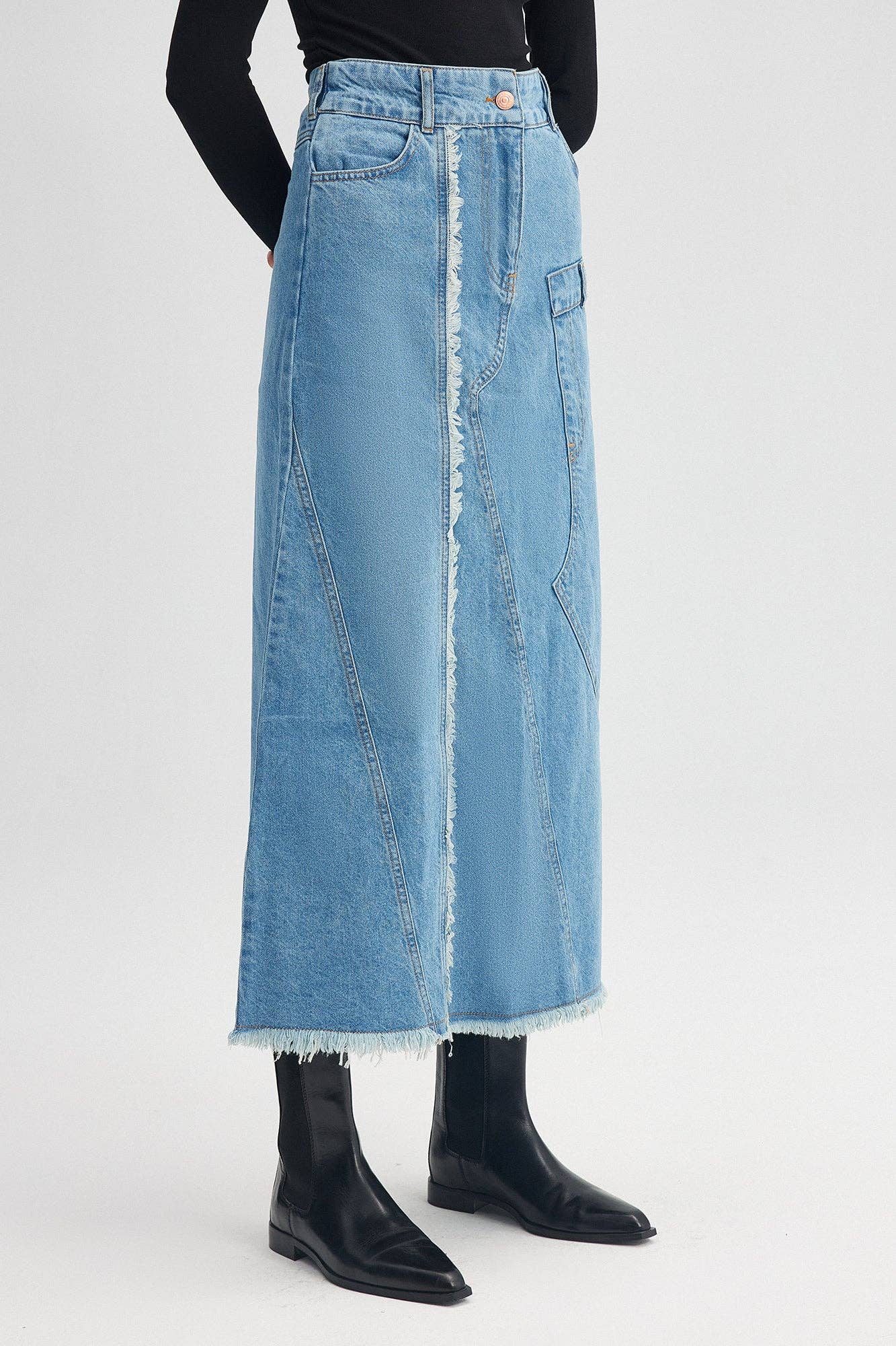 Gonna lunga in denim con cuciture a contrasto