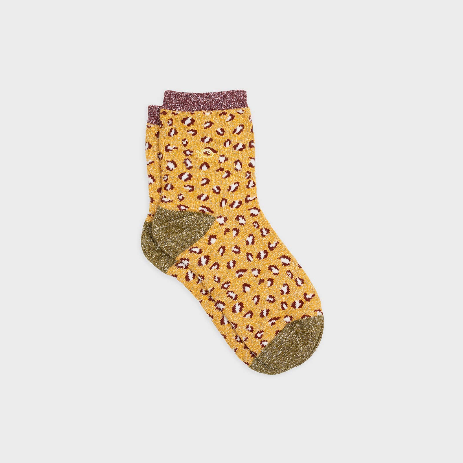 Calzini alla caviglia leopardati glitterati giallo e bordeaux