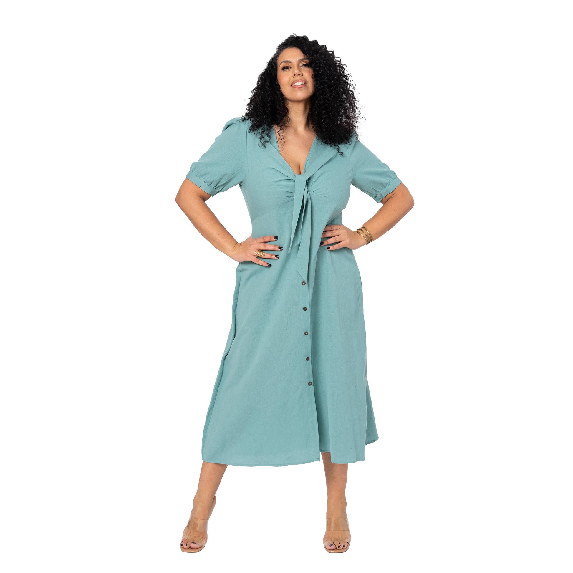 Abito estivo lungo curvy in cotone e lino con maniche corte