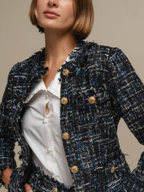 Blazer bouclé corto con bottoni gioiello