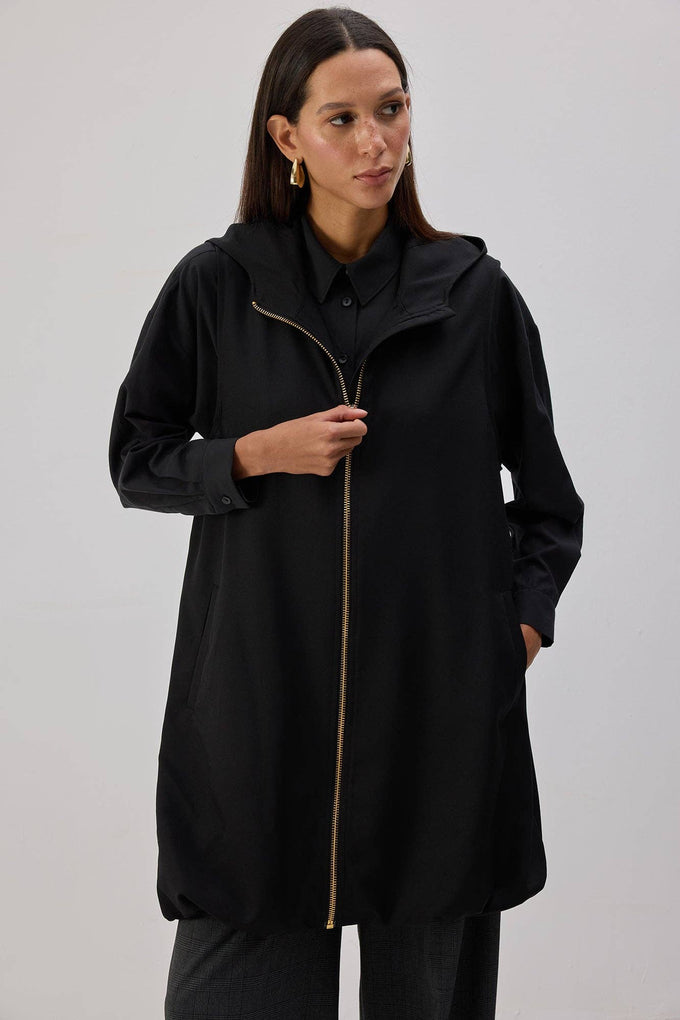 Gilet felpato lungo con zip e cappuccio