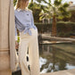 Pantaloni a Vita Alta Beige a Righe Sottili
